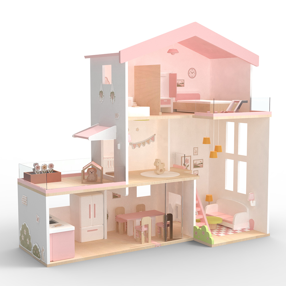 DL022 Wooden Sunny Terrace Dollhouse: A 3-Story Luxury Doll House for Premium Brands